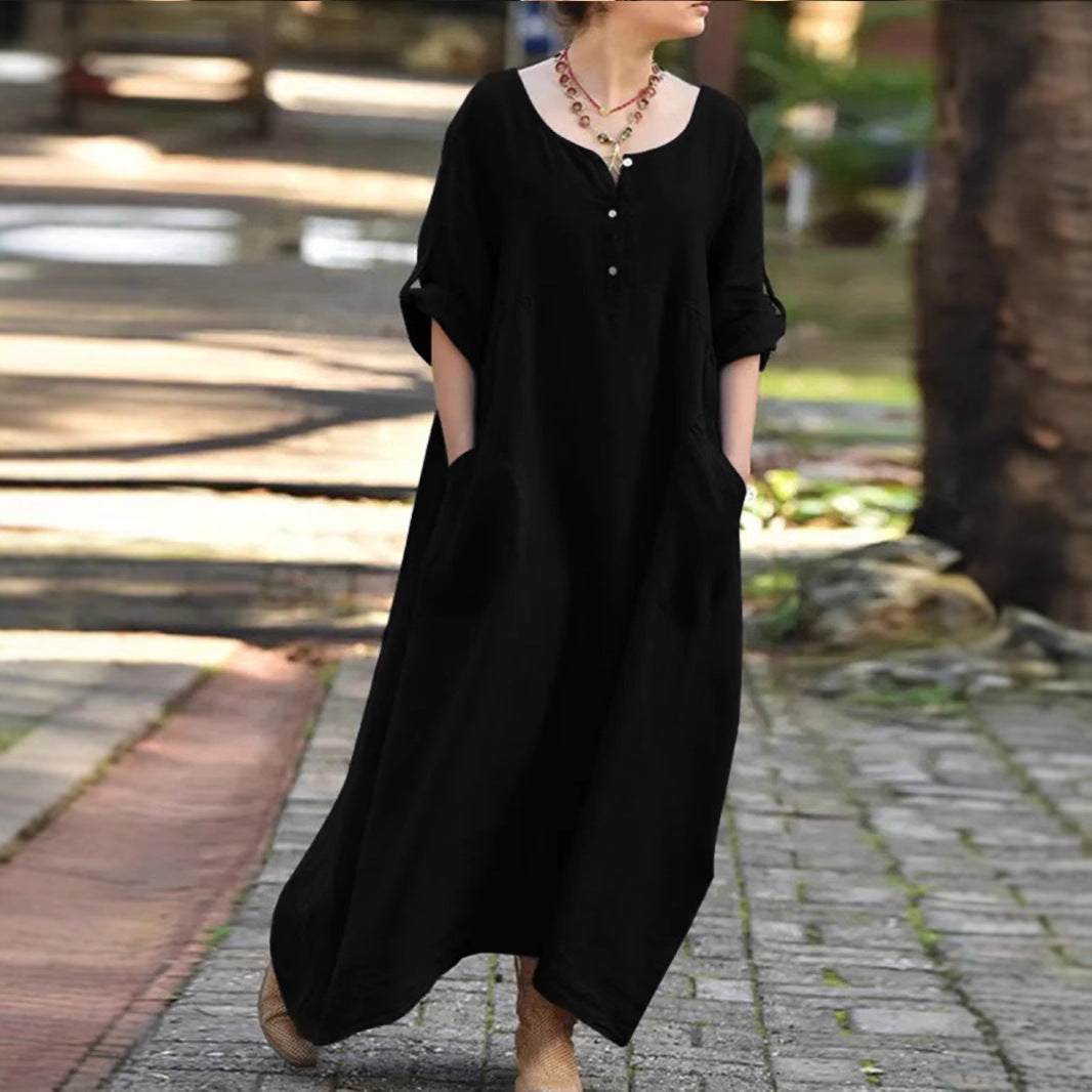 Damen lässiges Maxikleid mit praktischen Taschen und Knopfdetails EB