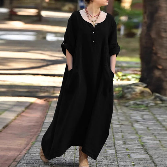 Damen lässiges Maxikleid mit praktischen Taschen und Knopfdetails EB