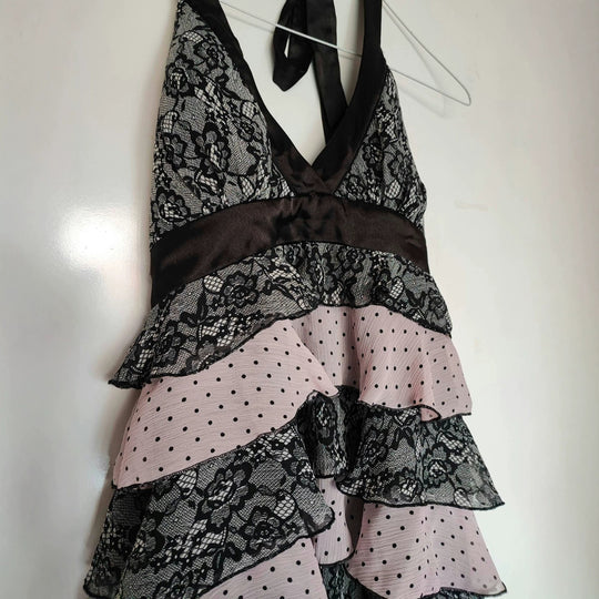 Damen Rüschen Kleid mit Spitzenoberteil EB