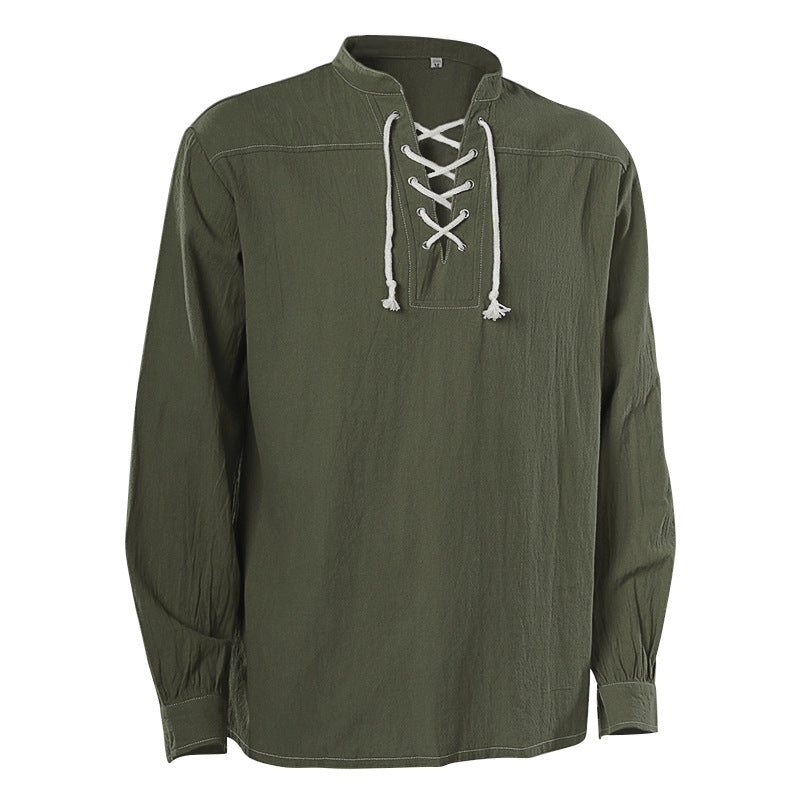 Herren nan lässiges Kurzarmshirt mit geschnürter V-Kehle, kurzem Stehkragen und weichem Baumwollmix Eb