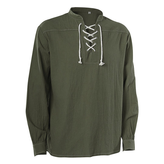 Herren nan lässiges Kurzarmshirt mit geschnürter V-Kehle, kurzem Stehkragen und weichem Baumwollmix Eb