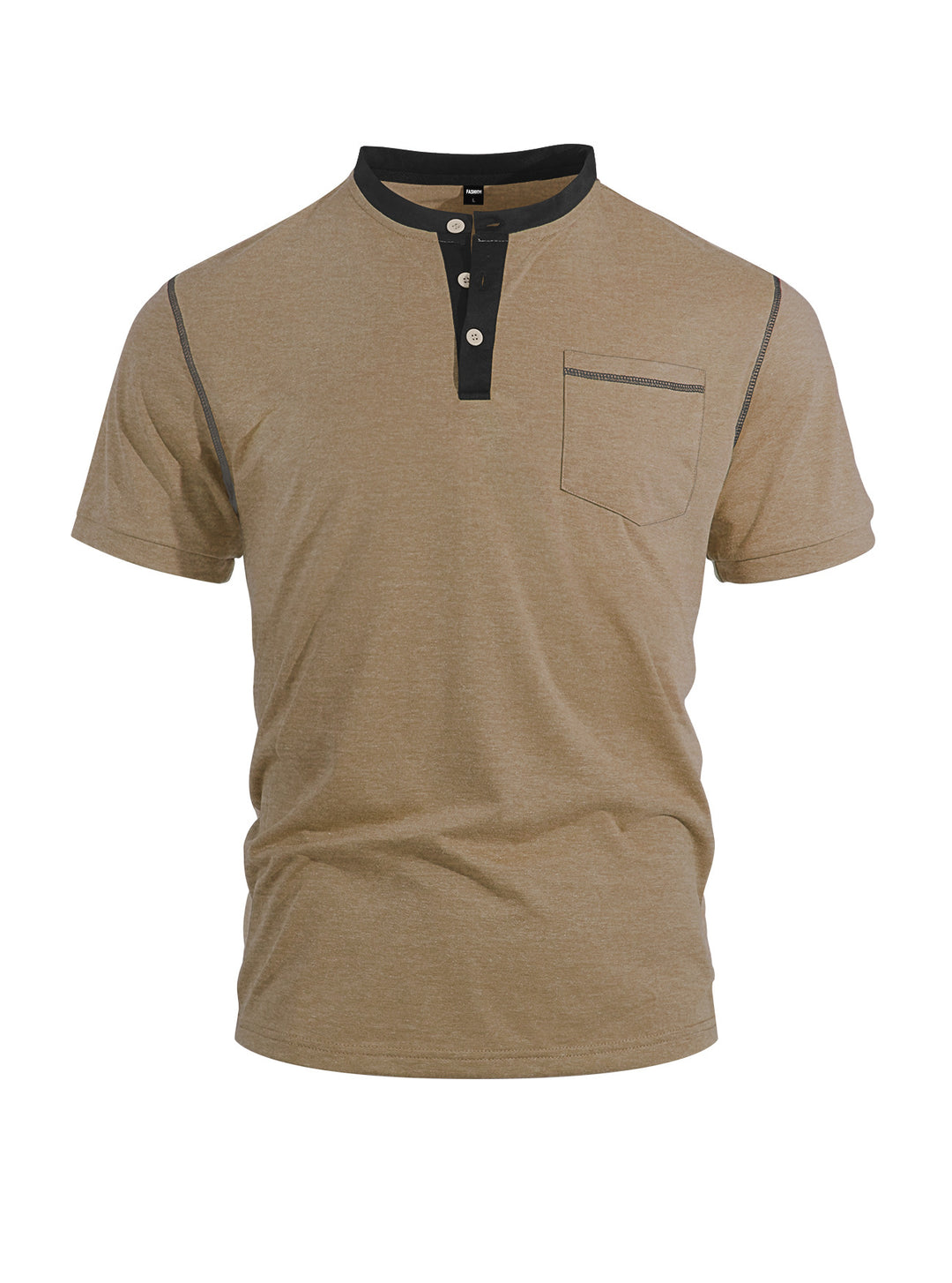 Herren nan legeres Kurzarm-Bandkragenshirt mit Knopfleiste Brusttasche und Flatlocknähten EB