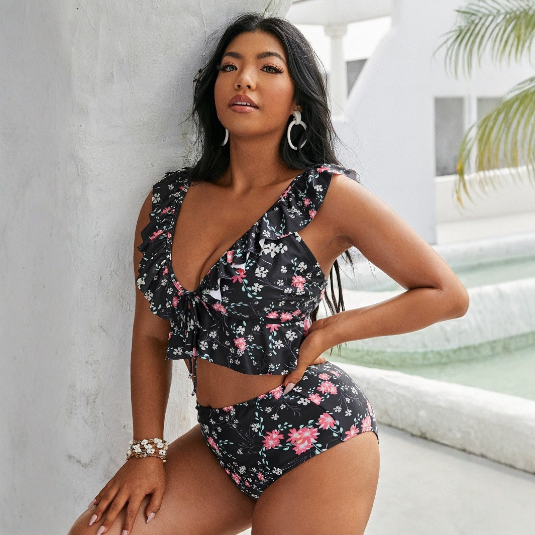 Damen Hochtailliertes Bikini-Set mit verspieltem Rüschendesign EB