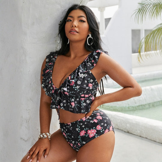 Damen Hochtailliertes Bikini-Set mit verspieltem Rüschendesign EB