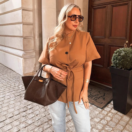 Damen modische Übergangsjacke mit Gürtel und praktischen Taschen EB