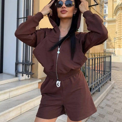 Damen lässiges Cropped Hoodie- und Shorts-Set mit praktischen Kordelzügen EB