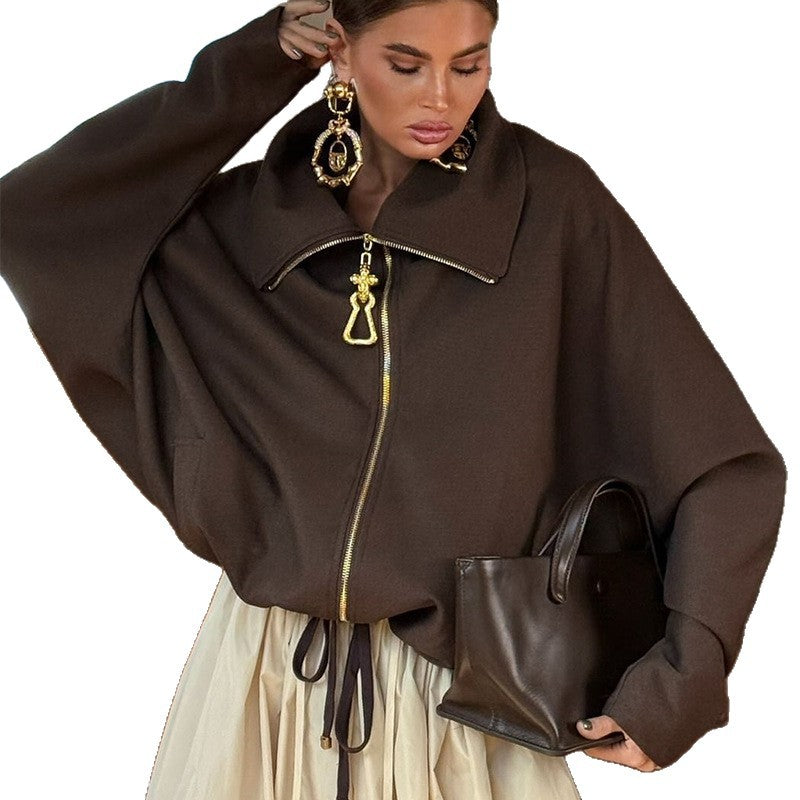 Damen Lässige Oversize-Jacke mit hohem Kragen und Reißverschluss EB