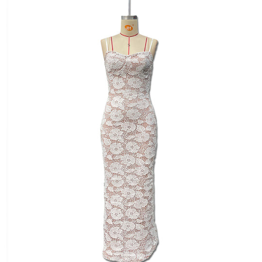 Damen Elegantes figurbetontes Spitzenmaxikleid mit schmalen Trägern EB