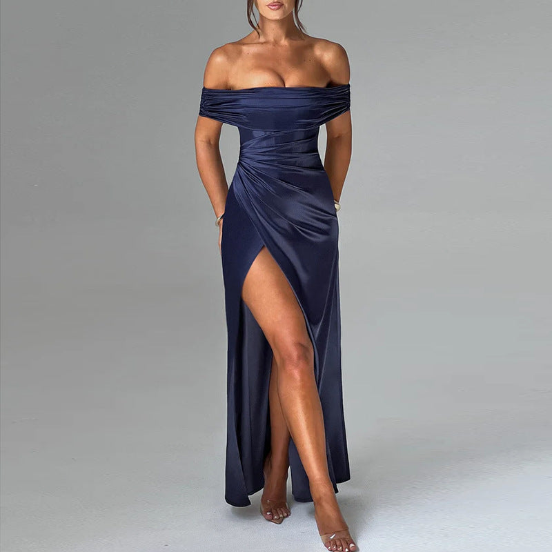 Damen schulterfreies Maxikleid mit eleganter Raffung und figurbetontem Schnitt EB