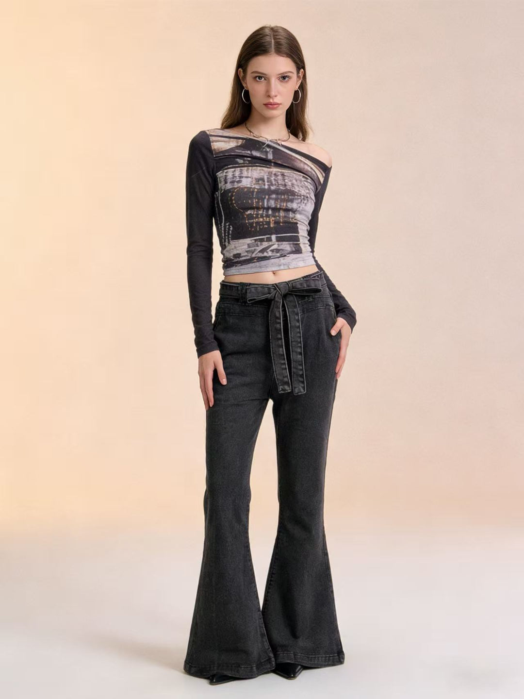 Damen nan High‑Waist Denimhose mit Schleifenbund, hoher Taille und weitem Schlag EB