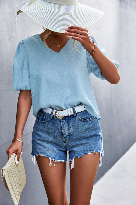 Damen Viskosebluse mit modernem V-Ausschnitt und voluminösen Puffärmeln EB