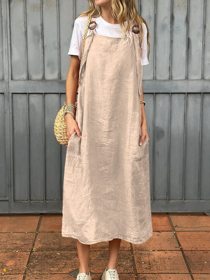 Damen Leichte Leinenkleid mit Taschen EB