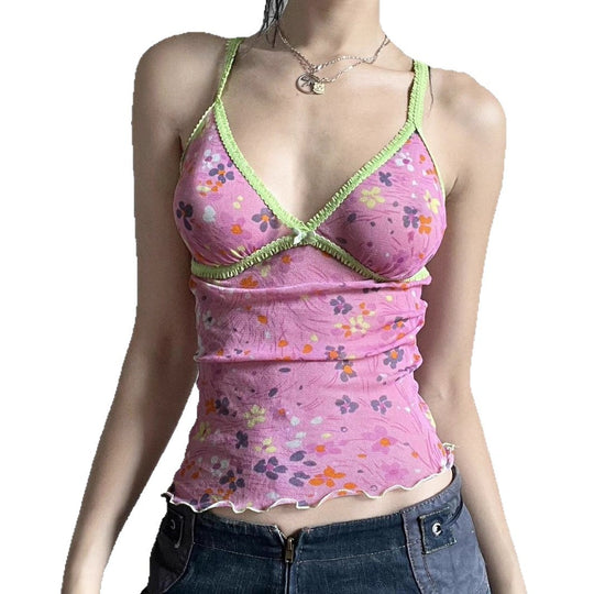 Damen Blumen Spaghetti Trägertop mit feinen Rüschendetails EB