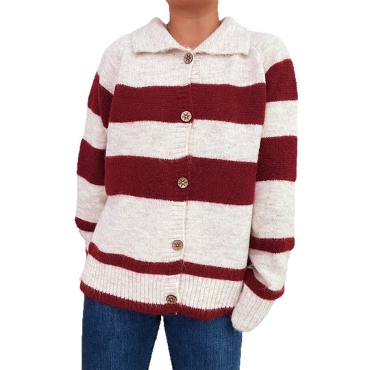 Damen gemütliche Strickjacke mit dekorativen Holzknochen und breiten Streifen EB