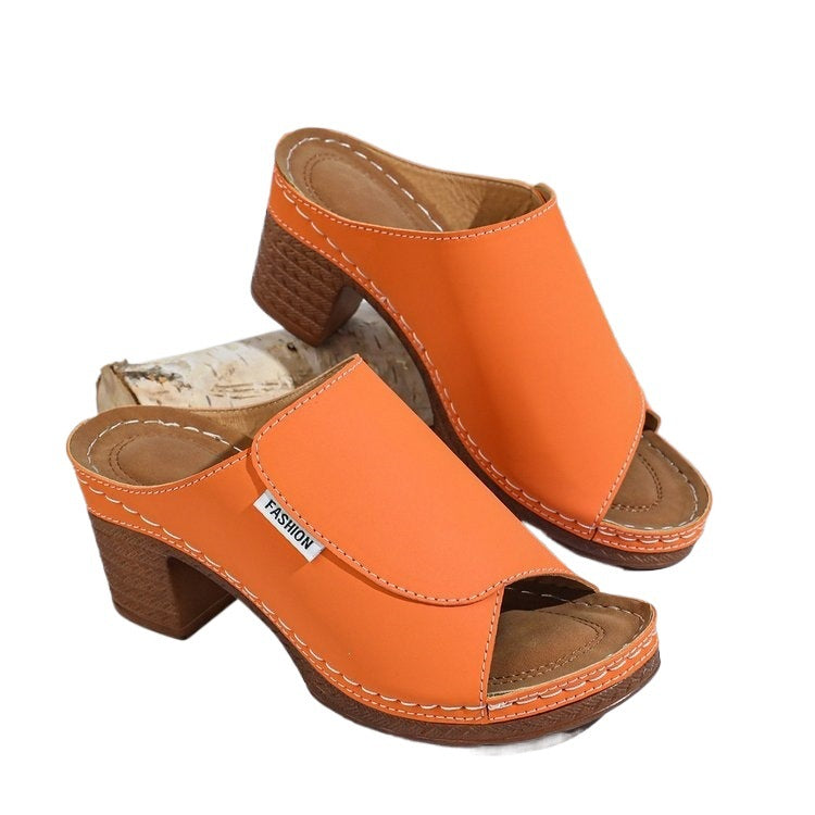 Damen Komfortable Open-Toe Pantoletten mit Holz-Optik EB