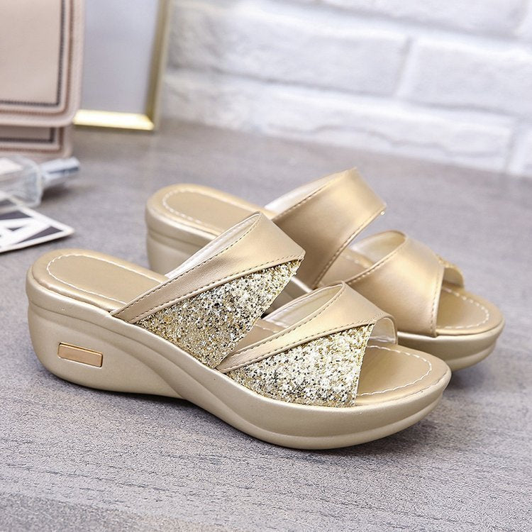 Damen modische Plateau-Sandalen mit Glitter und elastischen Riemen EB