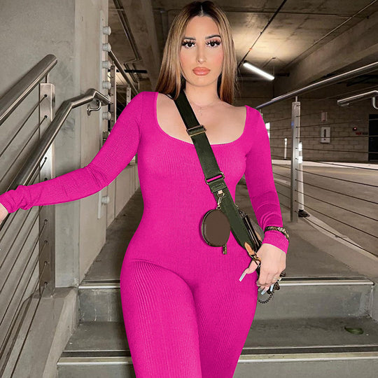 Damen Figurbetontes Langarm-Jumpsuit aus Rippmaterial EB