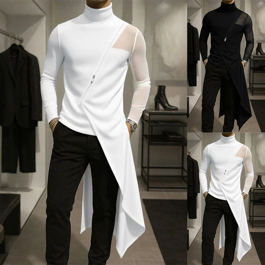 Damen nan avantgardistisches Longshirt mit schrägem Reißverschluss, Stehkragen und unregelmäßigem Zipfelsaum EB