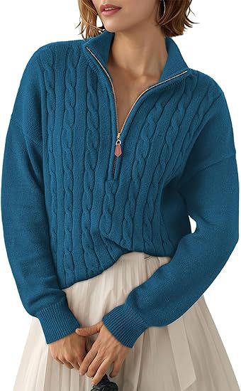 Damen Grobstrick Pullover mit Stehkragen und halbem Reißverschluss EB