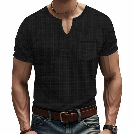 Herren nan Kurzarmshirt mit V-Schlitz-Ausschnitt und aufgesetzter Brusttasche aus strukturiertem Jersey EB