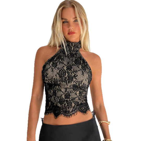 Damen Elegantes Spitzenoberteil mit hochgeschlossenem Design EB