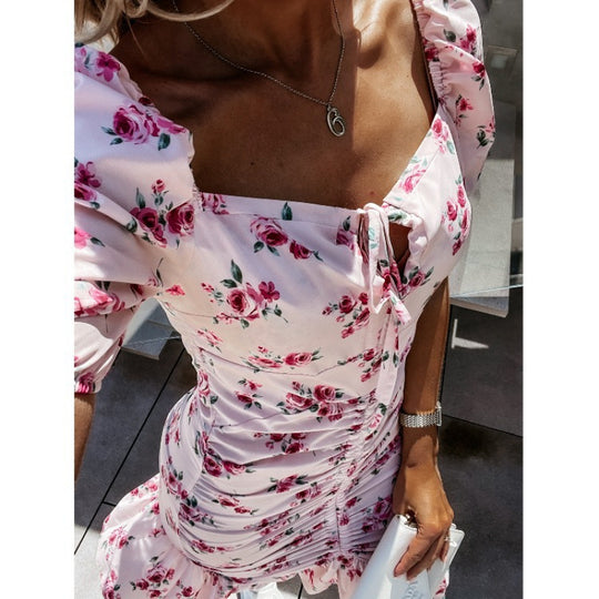 Damen Floral Print Raffung Mini Kleid EB