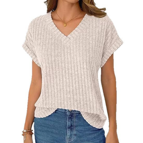 Damen lässiges V-Ausschnitt T-Shirt mit Streifenstruktur EB