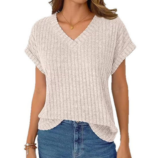 Damen lässiges V-Ausschnitt T-Shirt mit Streifenstruktur EB
