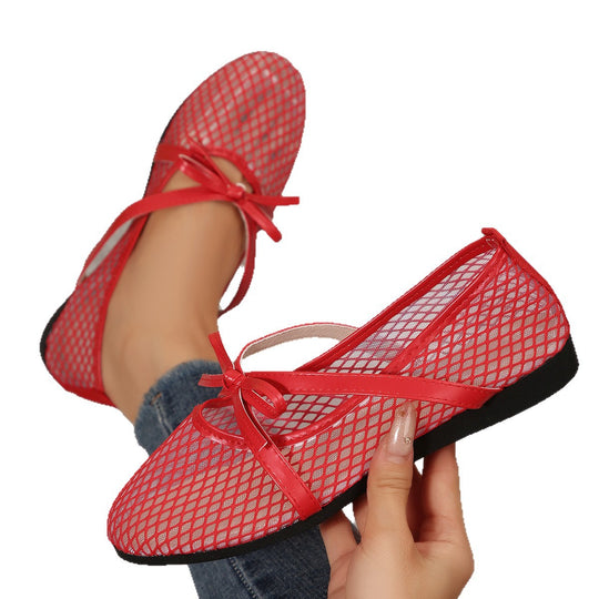 Damen Netz-Ballerinas mit elastischem Riemen und dekorativem Schleifendetail EB