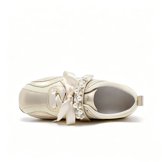 Damen flache Sneakers mit eleganter Perlenschmuck-Applikation EB