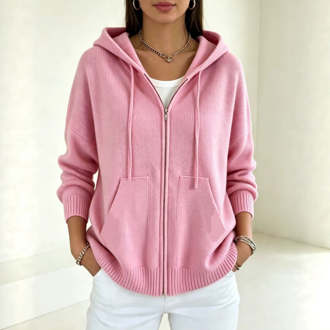 Damen Kapuzen-Wollmix Zip-Cardigan mit kastiger Passform und Kängurutaschen EB