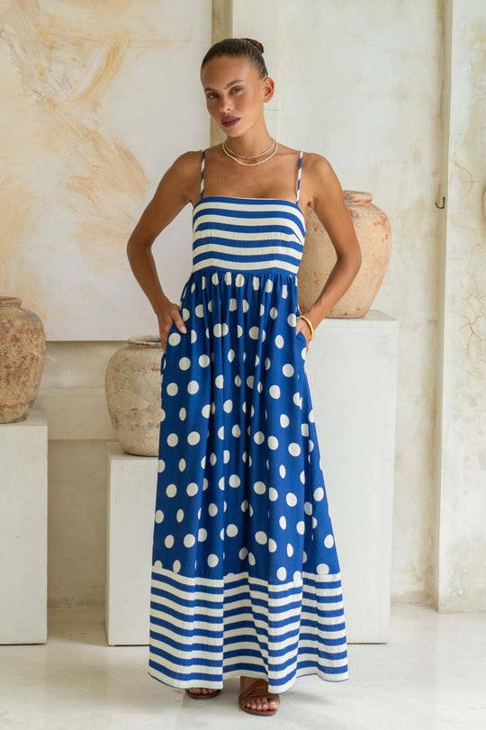Damen Maxikleid mit verspieltem Streifendesign und großen Punkten EB