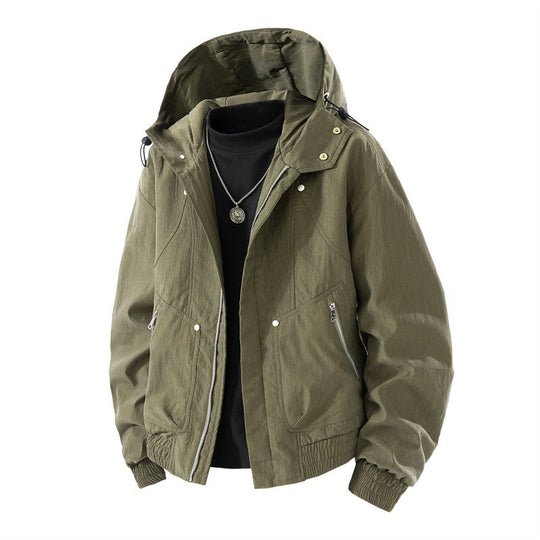 Herren leichte Utility-Kapuzenjacke mit verstaubarer Kapuze, wasserabweisender Beschichtung, Reißverschlusstaschen und elastischen Bündchen EB