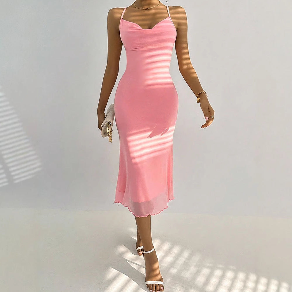 Damen Maxikleid mit zarten Spaghettiträgern und transparentem Saum EB