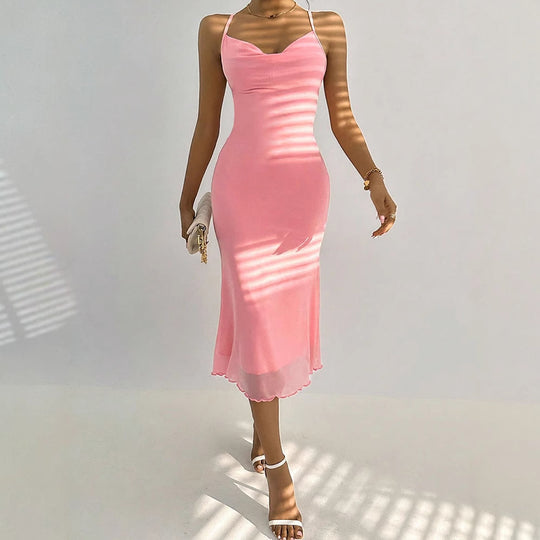 Damen Maxikleid mit zarten Spaghettiträgern und transparentem Saum EB