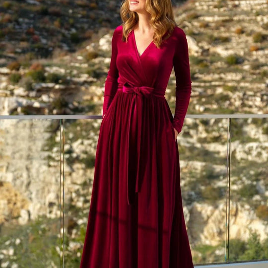 Damen nan elegantes Wickelmaxikleid aus Samt mit V-Ausschnitt, Taillengürtel und seitlichen Eingrifftaschen EB