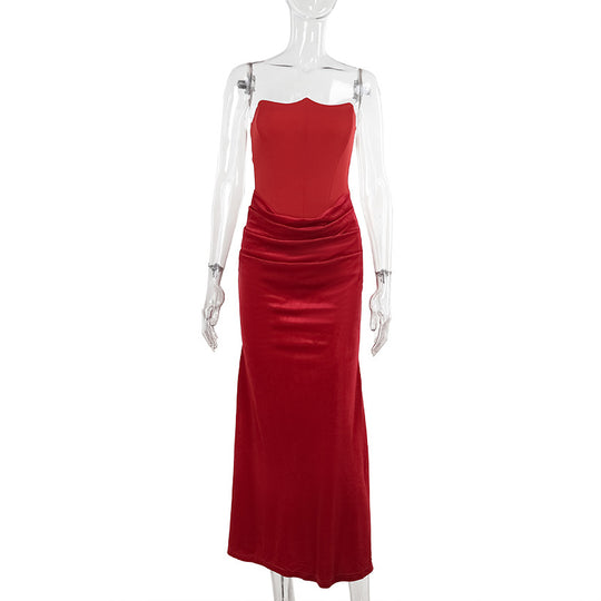 Damen elegantes A-Linien-Maxikleid mit gerafftem Oberteil und trägerlosem Design EB