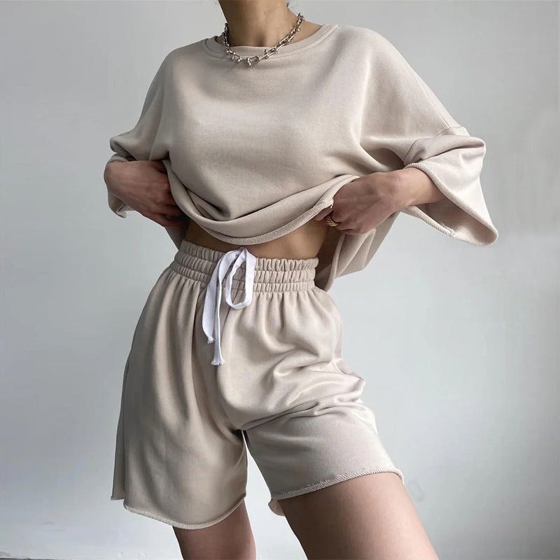 Damen lässiges Crop-Top und Shorts-Set mit weitem Schnitt EB