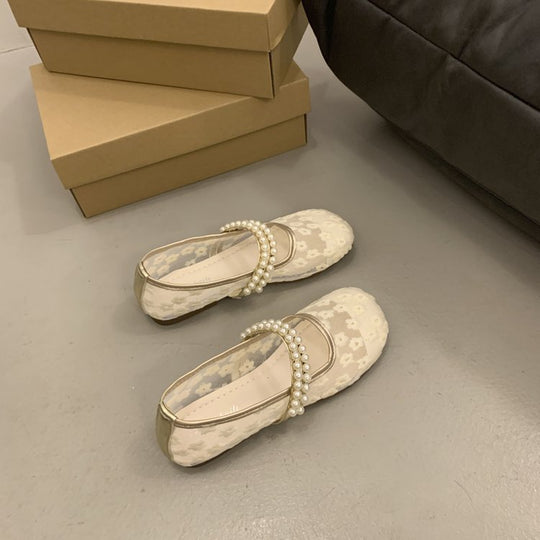Damen elegante Ballerinas mit dekorativer Perlenapplikation und modischem Riemchen EB