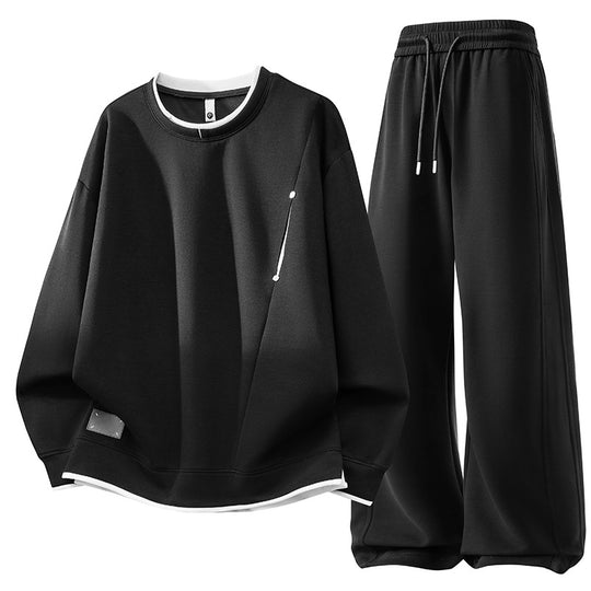 Unisex oversized Freizeitset Neoprenoptik Sweatshirt mit Kontrastbesatz und weiter Jogginghose EB
