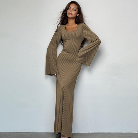 Damen Elegantes Maxikleid mit extra weitem Ärmel und trendiger Rippstruktur EB
