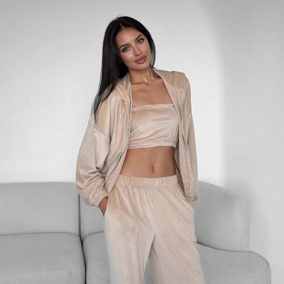 Damen Dreiteiliges Velours-Loungewear-Set mit Cropped-Top, Zip-Hoodie und weitem Palazzo-Hosenbein EB