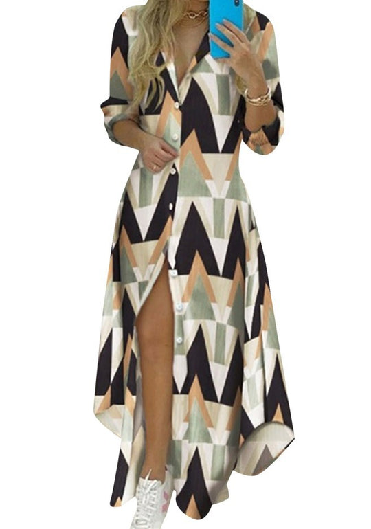 Damen nan knopfbares Maxi-Hemdkleid mit geometrischem Muster, V-Ausschnitt, Kentkragen und hohem Beinschlitz EB