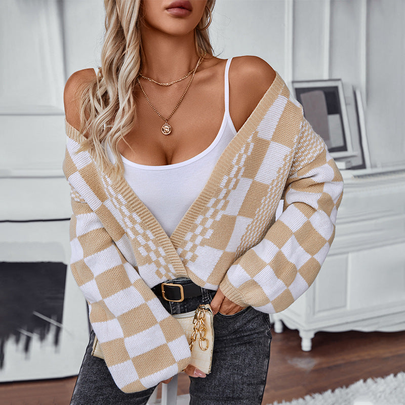 Damen lässige Strickjacke im modischen Karomuster EB