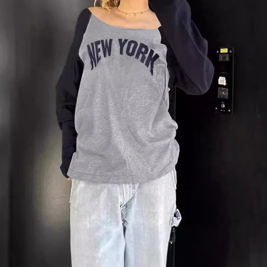 Damen Lässiges Sweatshirt mit modischem Schriftzug und kontrastierenden Ärmeln EB