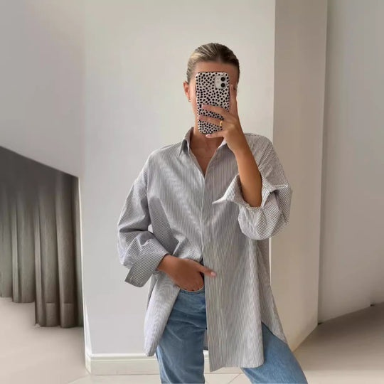 Damen Oversized Hemdbluse mit Streifenmuster und abgerundetem Saum EB