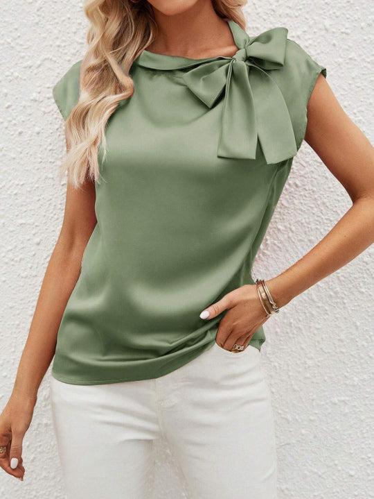 Damen elegante Bluse mit dekorativem Schleifen-Detail und schimmerndem Finish EB