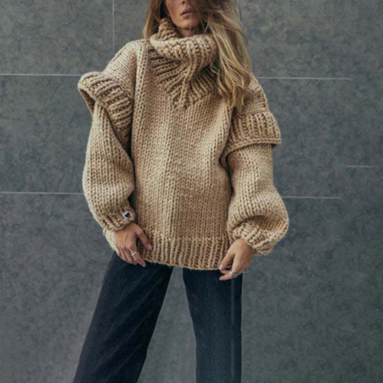 Damen Lockerer Strickpullover mit voluminösen Ärmeln und hohem Kragen EB