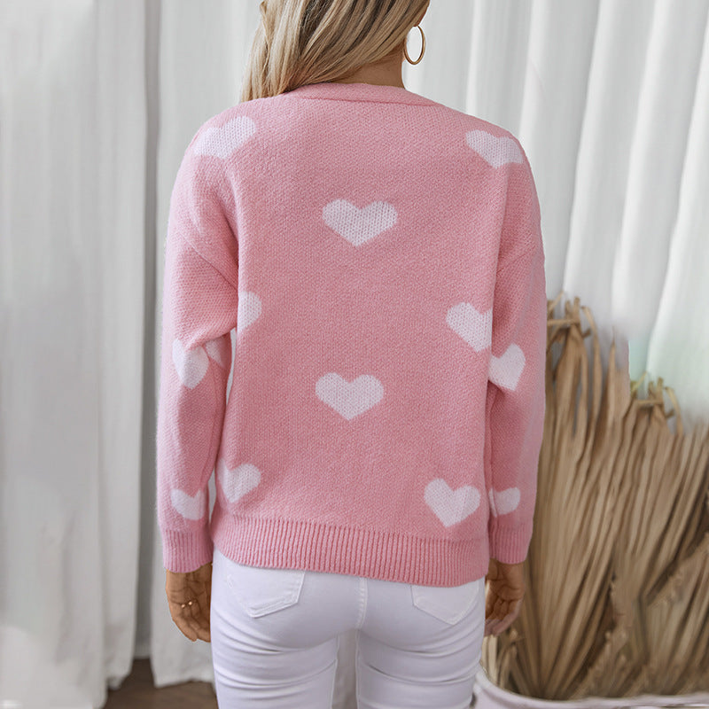 Damen modische Strickjacke mit Herzmotiven und Knöpfen EB