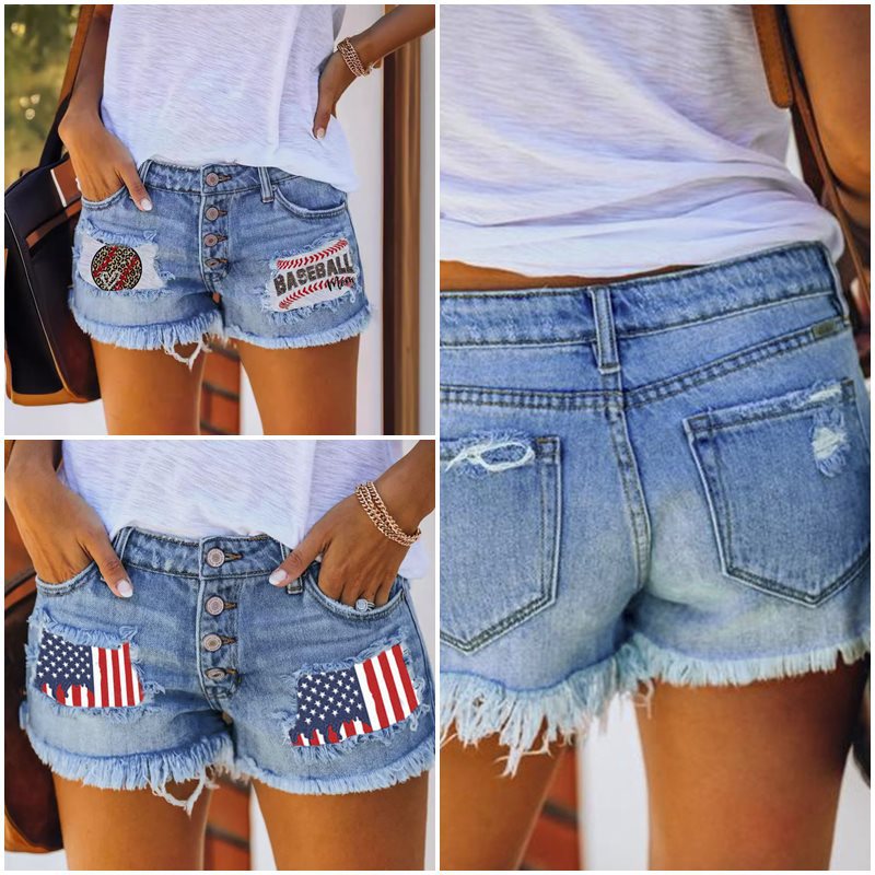 Damen Jeansshorts im Coolen USA-Design mit ausgefranstem Saum EB